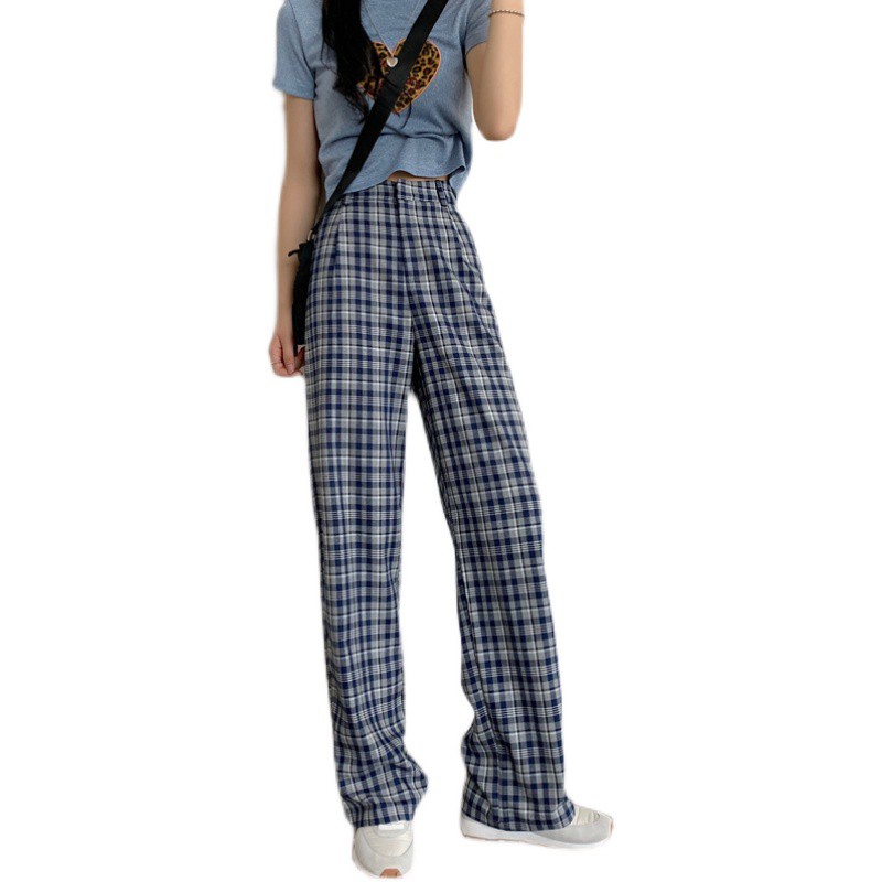Casual plaid pants women's high waist drape spring and summer loose straight and thin retro suit mopping pants