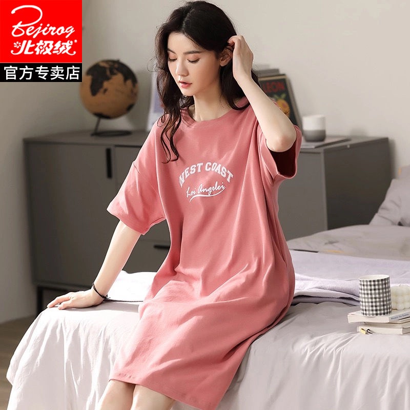 Đầm Ngủ Cotton Tay Ngắn Dài Qua Gối In Họa Tiết Hoạt Hình Dễ Thương Thời Trang Mùa Hè Cho Nữ