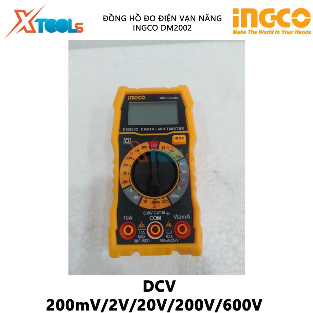 Đồng hồ đo điện vạn năng INGCO DM2002 | Đồng hồ vạn năng Màn hình LCD 2000 số đếm Chỉ thị số DCV 200mV/2V/20V/200V/600V