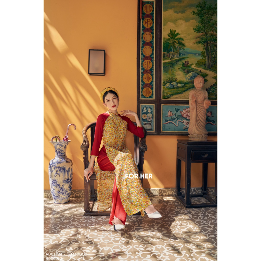 Áo Dài Hoa Nhí Phối Tay Đỏ  AD01294