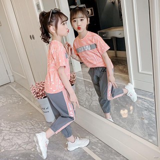 Bộ quần áo trẻ em gái mùa hè 2021 thể thao mới của em, cỡ lớn, bé gái, phong cách Hàn Quốc, thời trang, thủy tr