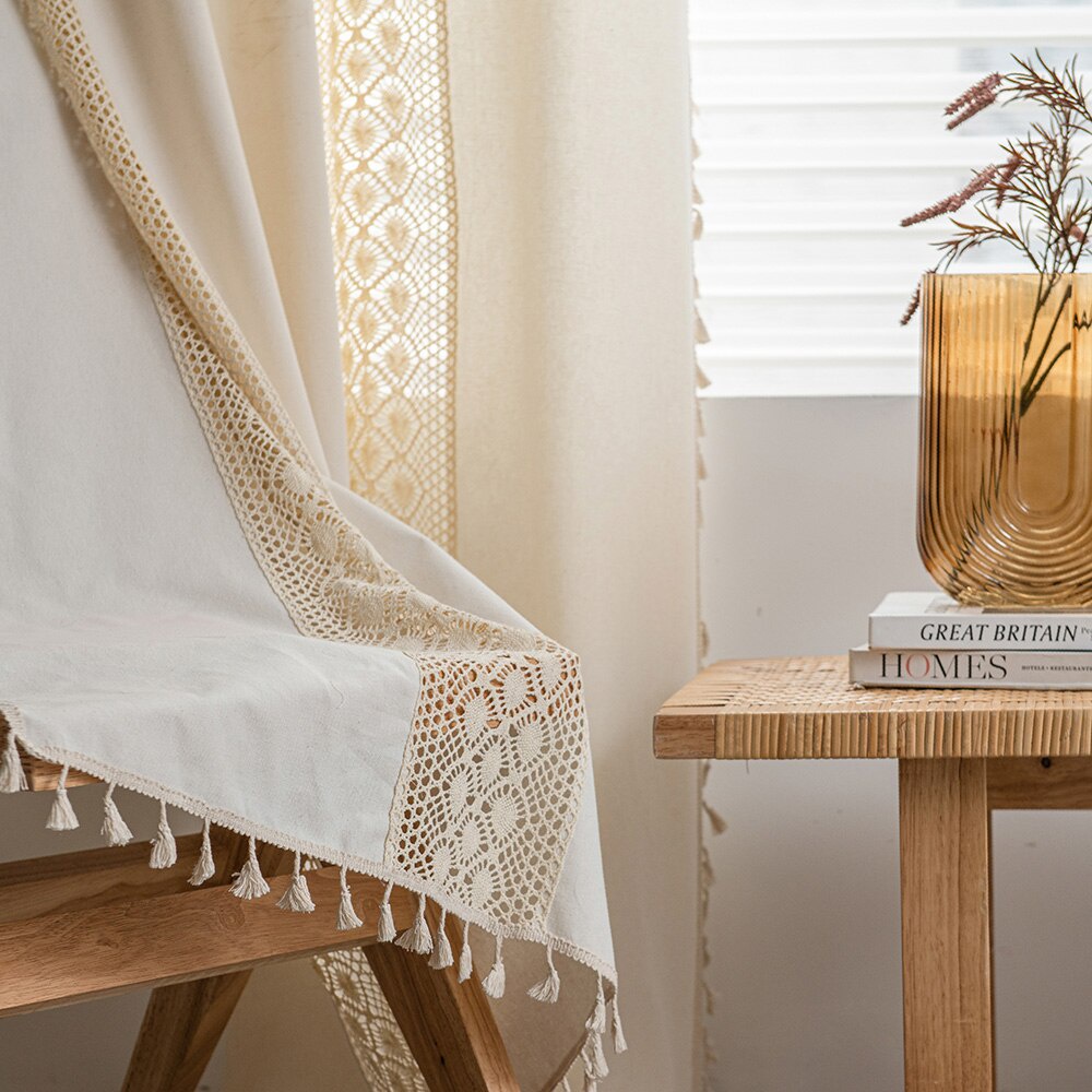 Rèm cửa sổ Vải Cotton Lanh Phối Tua Rua Sáng Tạo Trang Trí Nhà Cửa