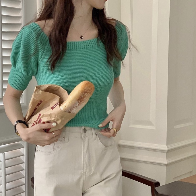 QKOOLE  Áo croptop Dệt Kim Tay Ngắn Hở Vai Thời Trang Hàn Quốc Dành Cho Nữ