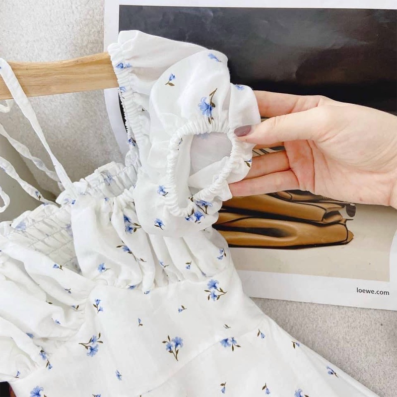 Đầm hoa rớt vai váy nữ hai dây yếm chéo cổ cutout lưng chât dày dặn đi tiệc đi du lịch hẹn hò sang trọng
