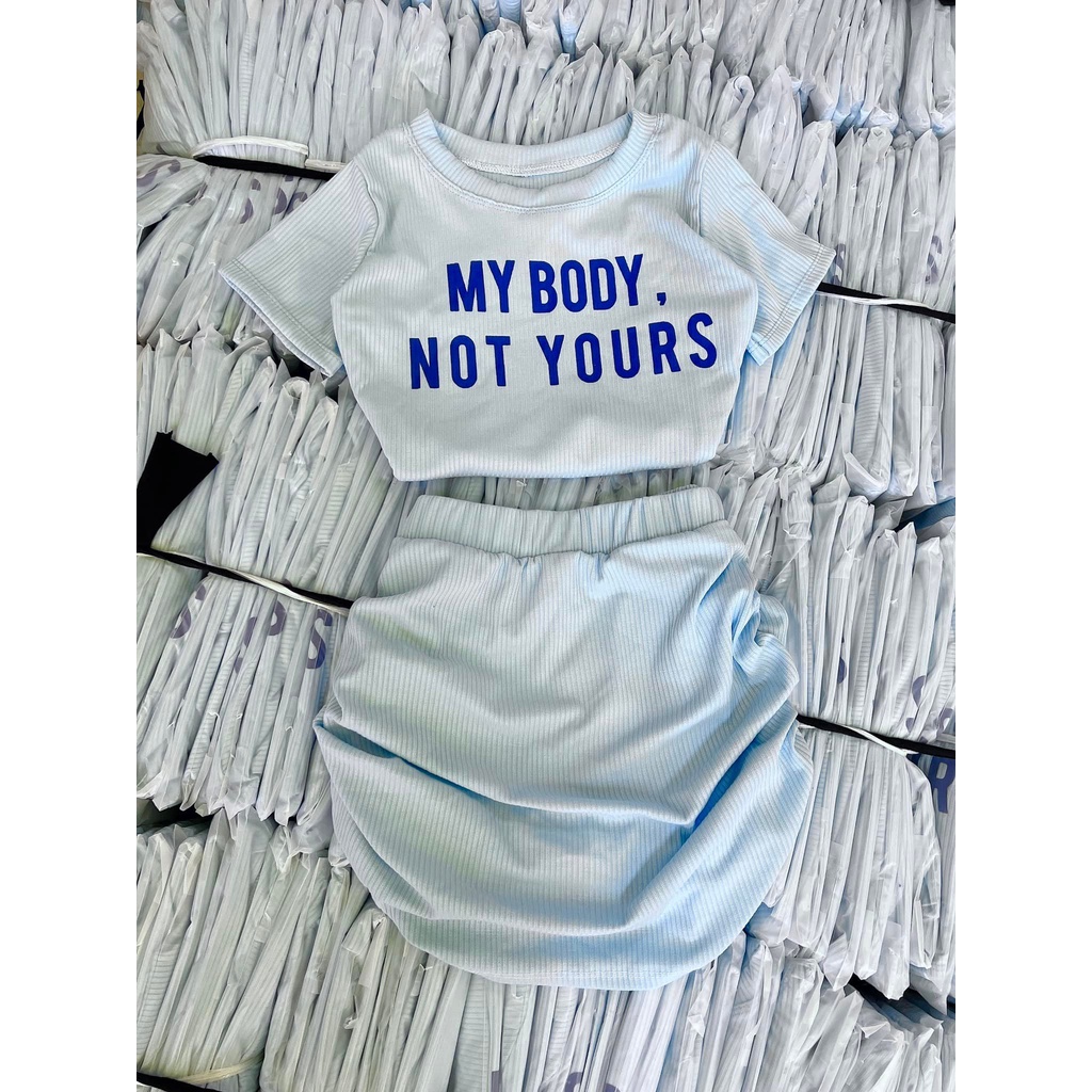 Đồ bộ nữ, set đồ bộ chân váy nhúng 2 bên có quần trong và áo croptop ôm ngắn tay vải thun cotton gân borip dày dặn