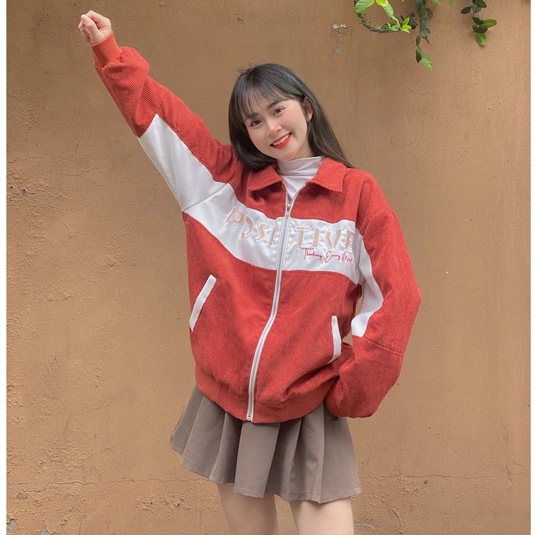 Áo khoác bomber varsity Positive nhung 2 lớp Nam Nữ Gooan