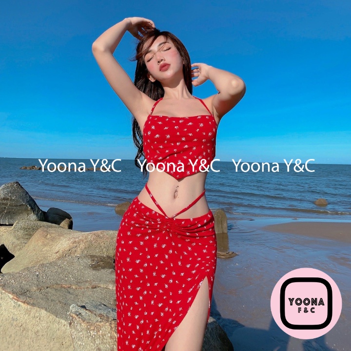 Set Áo Croptop Nữ Cổ Yếm Kèm Chân Váy Xẻ Tà Ôm Body