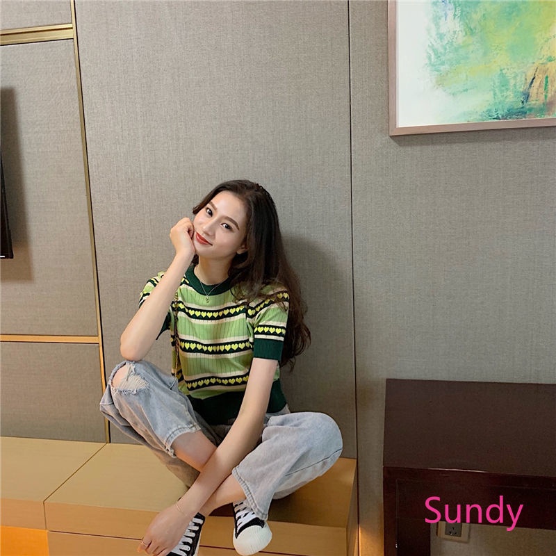 Áo Thun Dệt Kim In Họa Tiết Dễ Thương Phong Cách Hàn Quốc Thời Trang Mùa Hè Cho Nữ