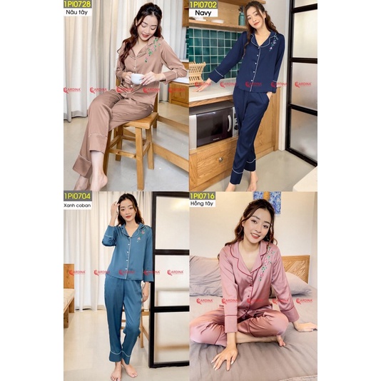 Bộ Pijama nữ CARDINA áo dài tay quần dài in hoa chất lụa Satin Nhật