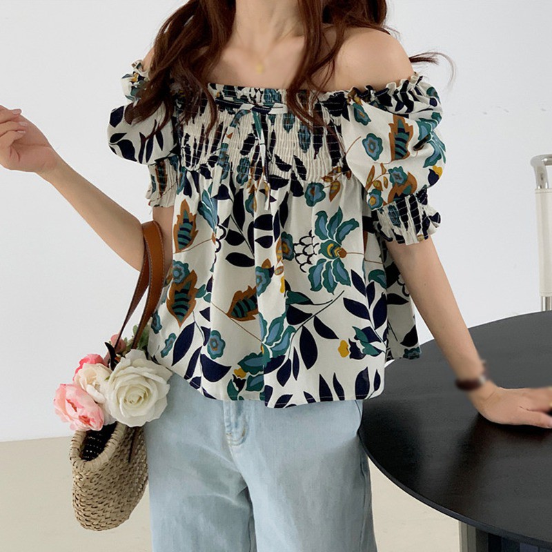 Áo Kiểu Ngắn Tay Cổ Vuông Phối Họa Tiết Hoa Xinh Xắn Thời Trang Dành Cho Nữ