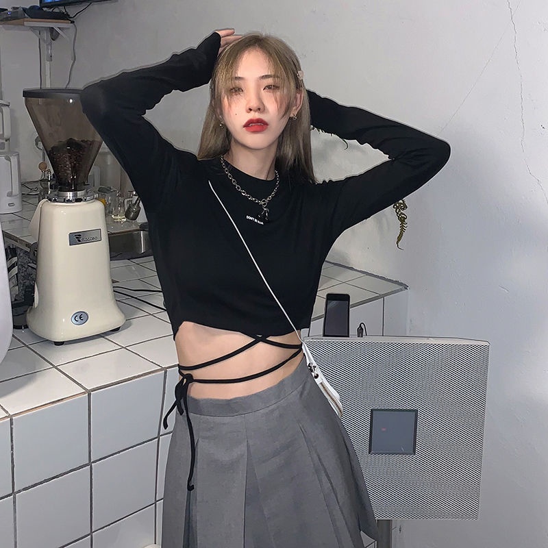 Happy-store ❤️ Áo thun croptop tay dài màu trơn phong cách dây chéo Hàn Quốc cá tính