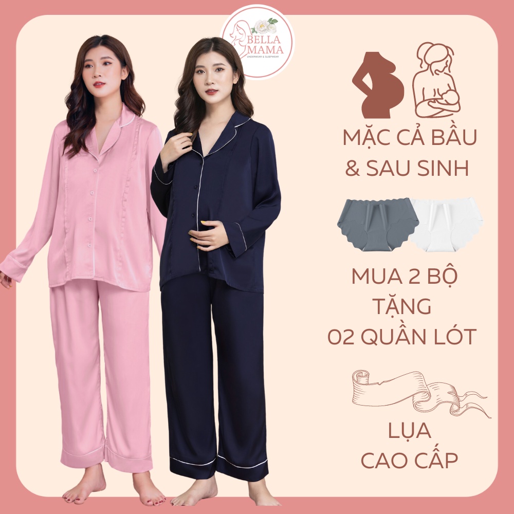 Bộ bầu mặc nhà và sau sinh lụa cao cấp không gây kích ứng cho da mở khóa cho con bú quần chung chỉnh bụng Bella Mama BN7