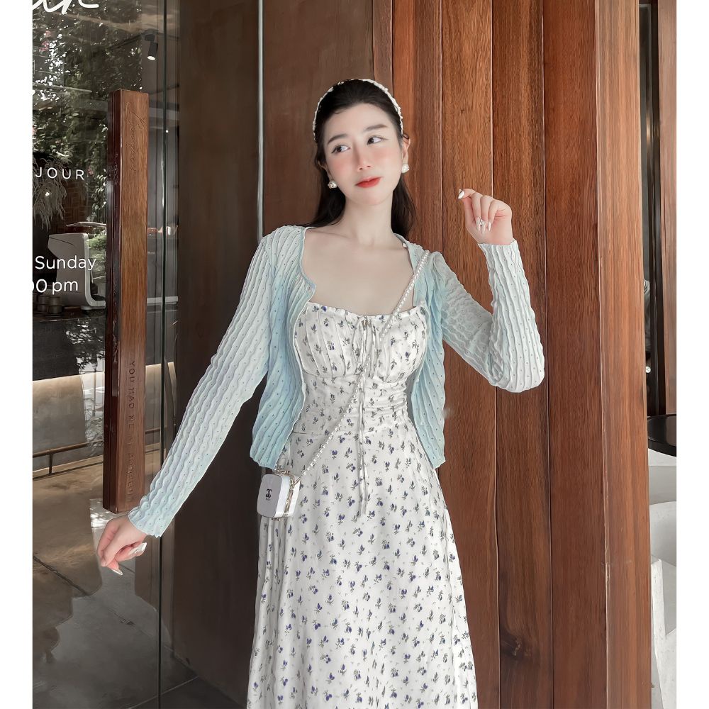 Set Váy Hai Dây Hoa Nhí 4 Món Mặc Được Nhiều Kiểu  Kèm Áo Khoác Cardigan Mỏng HT60 HaLuu Store