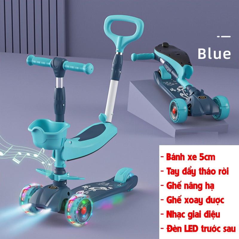 Xe scooter đa năng, gấp gọn, FULL LED quanh xe (đèn chiếu trước, ghế, bàn đạp, bánh xe) KÈM tay đẩy phía sau tiện lợi