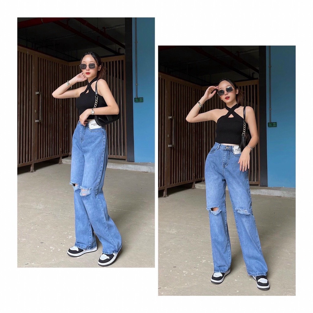 Quần jeans nữ, quần jeans nữ lưng cao ống rộng rách gối cao cấp size S M L SKUQ-22A