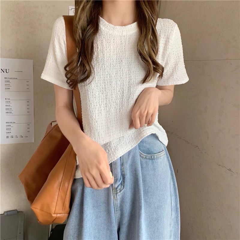 Áo thun xốp nhăn tay ngắn cổ tròn màu pastel