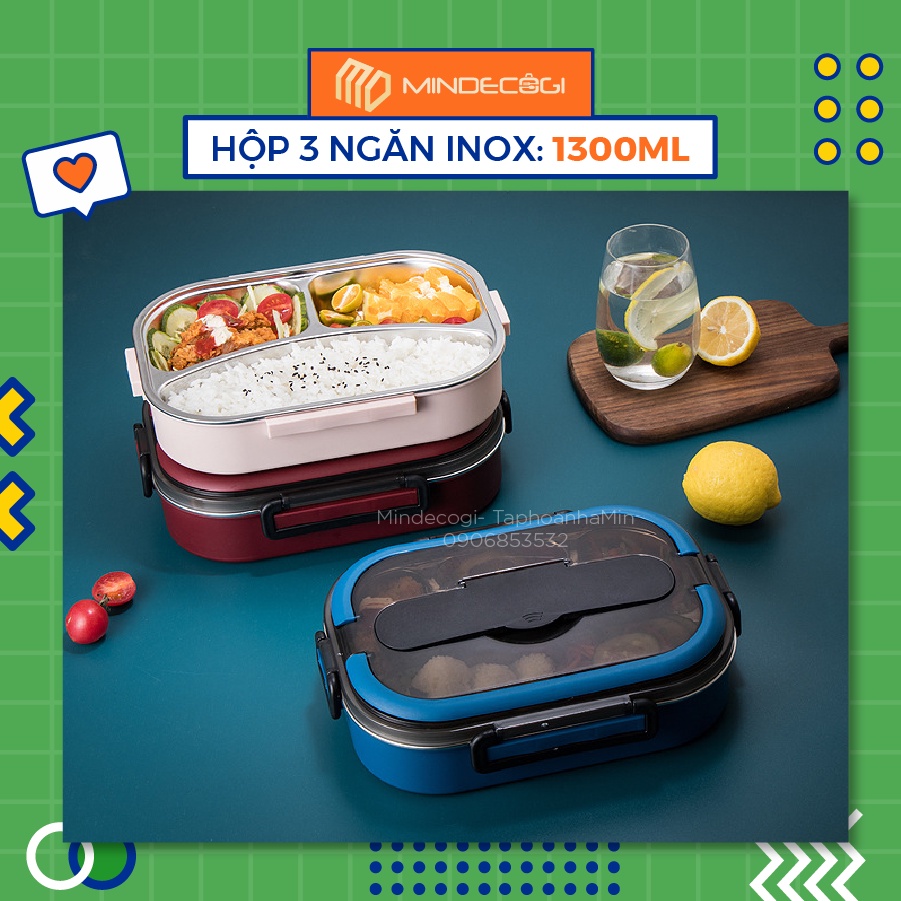 Hộp Cơm Inox 304 Giữ Nhiệt - 2 Lớp 3 Ngăn - Dung Tích 1000ml &1300ml - Kèm Muỗng Đũa Inox