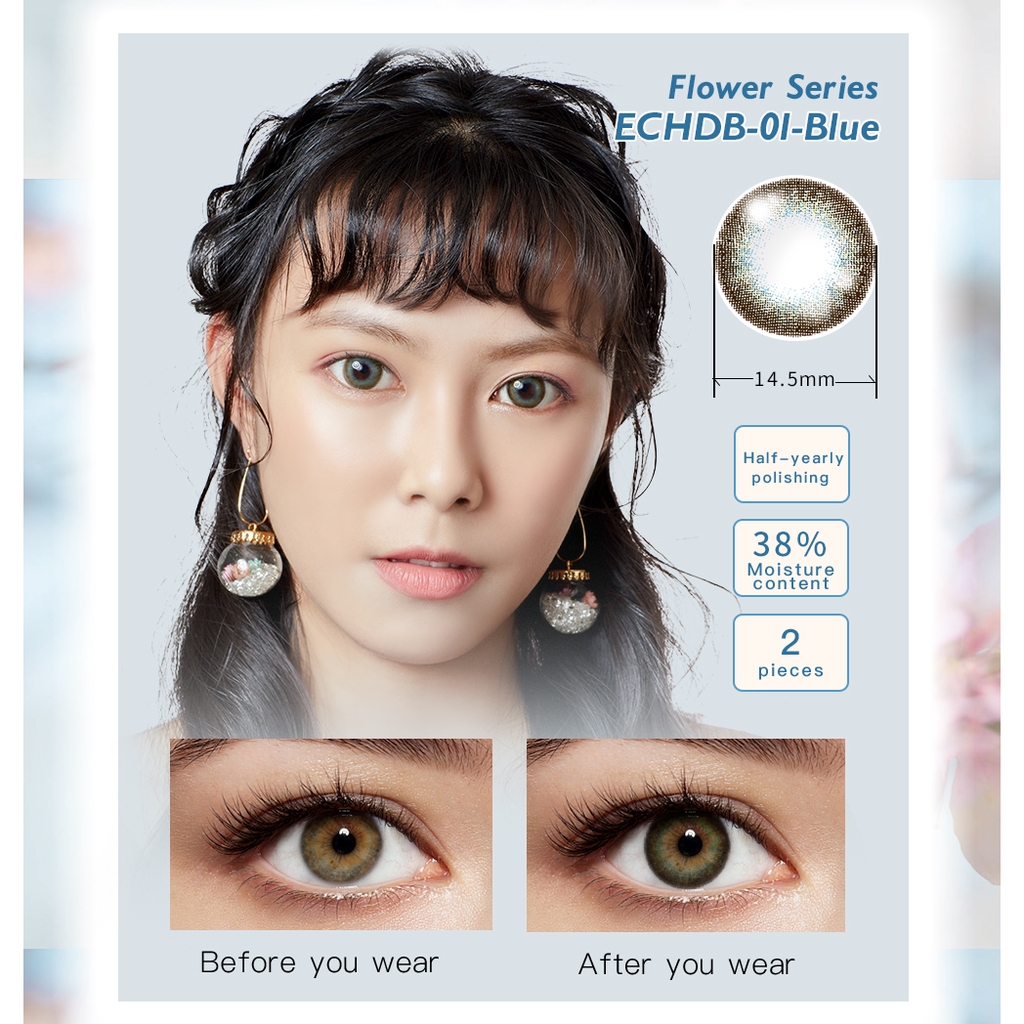 Kính áp tròng Elliecoo dòng Flower cỡ 14.5mm màu Xám/Nâu/Xanh Dương/Xanh Lá/Hồng với hạn sử dụng nửa năm