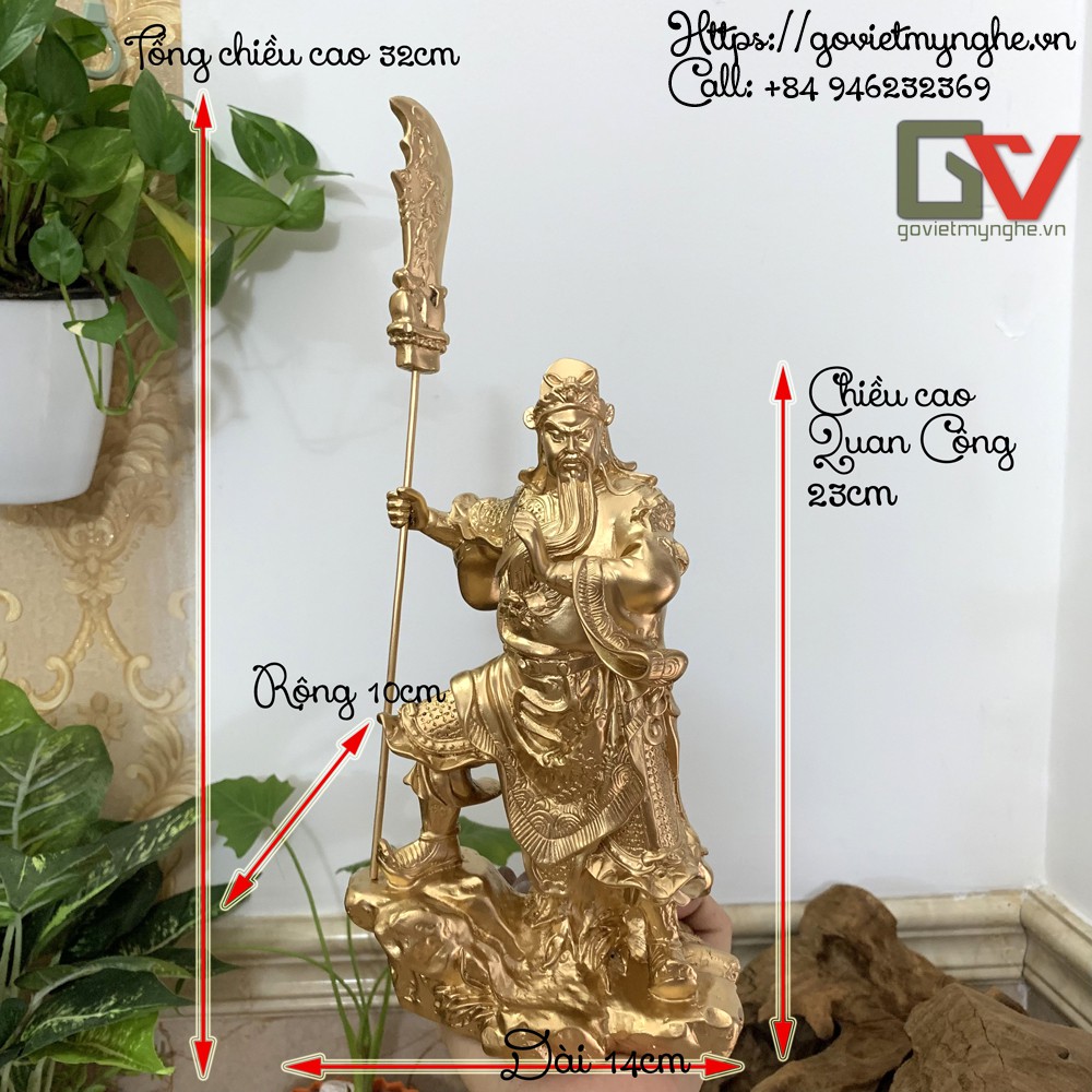 Tượng đá trang trí Quan Công phong thủy tượng thờ Quan Công cầm đao - Chiều cao 23cm không tính đao - Màu nhũ đồng