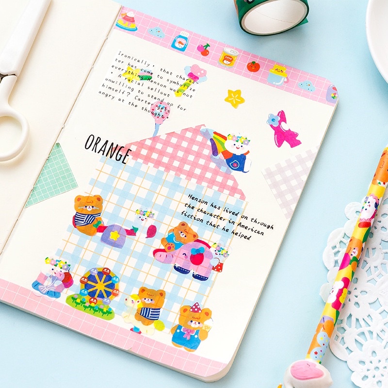 Washi Tape Cuộn băng dính washi tape dài 3 mét hình chủ đề gấu sticker dán trang trí sổ planner bullet journal