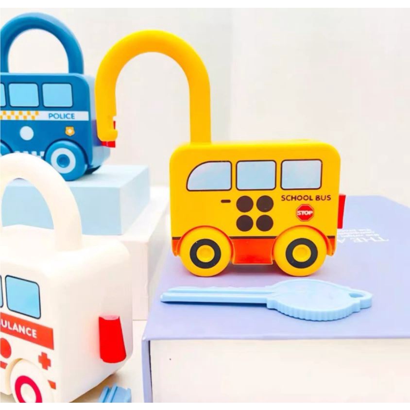 GIÁO CỤ MON KẾT HỢP XE ĐỒ CHƠI, BỘ Ổ KHOÁ VÀ CHÌA KHOÁ matching đầu đời cho bé