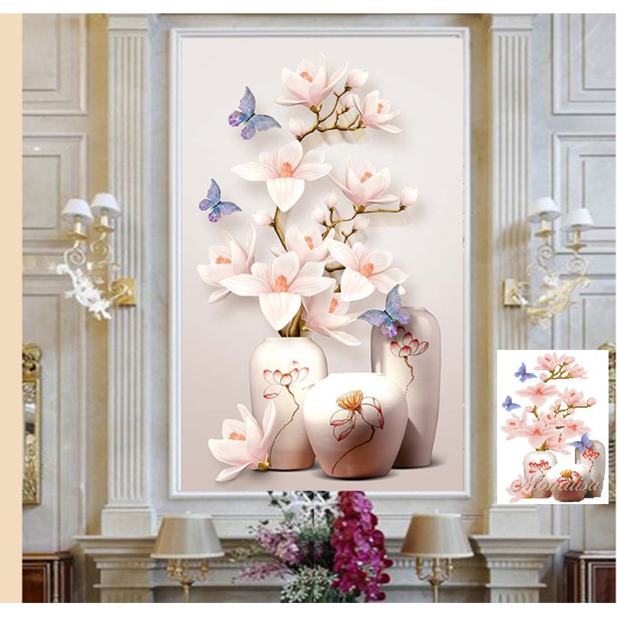 Tranh đính đá Bình hoa lan trắng Kt 57*70 cm | Tranh thêu chữ thập Bình hoa lan 3D
