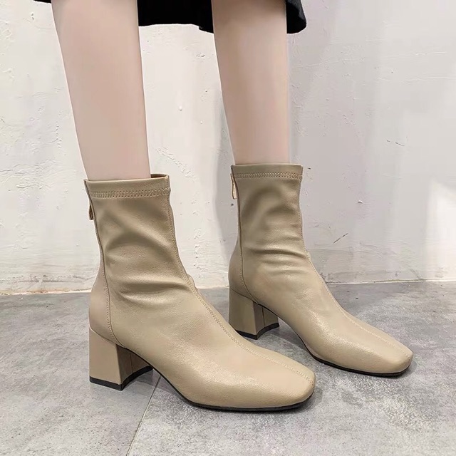 Giày boots cổ thấp mũi vuông, cổ may chỉ, 5p (có ảnh thật)