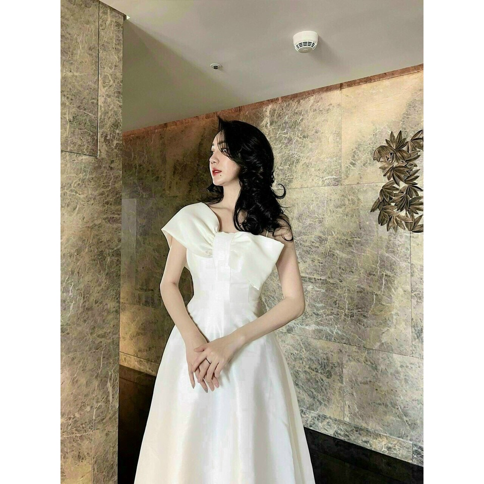 Đầm dạ hội trắng 2 dây nơ ngực phối ren ChemMix thiết kế siêu xinh cho nàng dự tiệc, hẹn hò