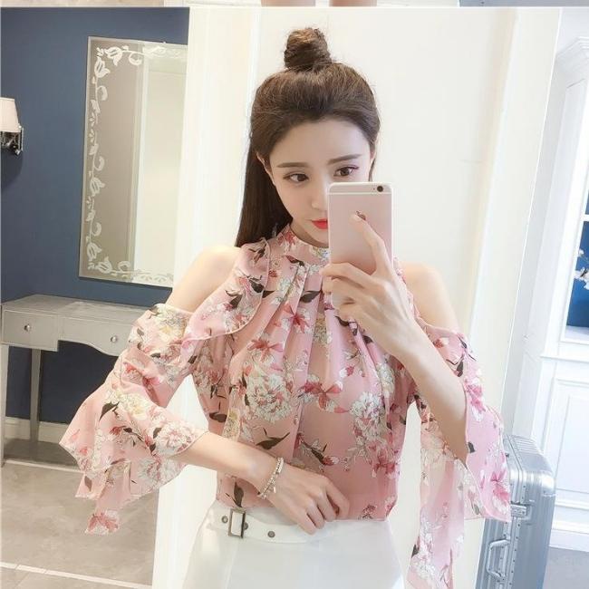 Áo voan hoạ tiết hoa hở vai tay bèo phong cách hàn quốc