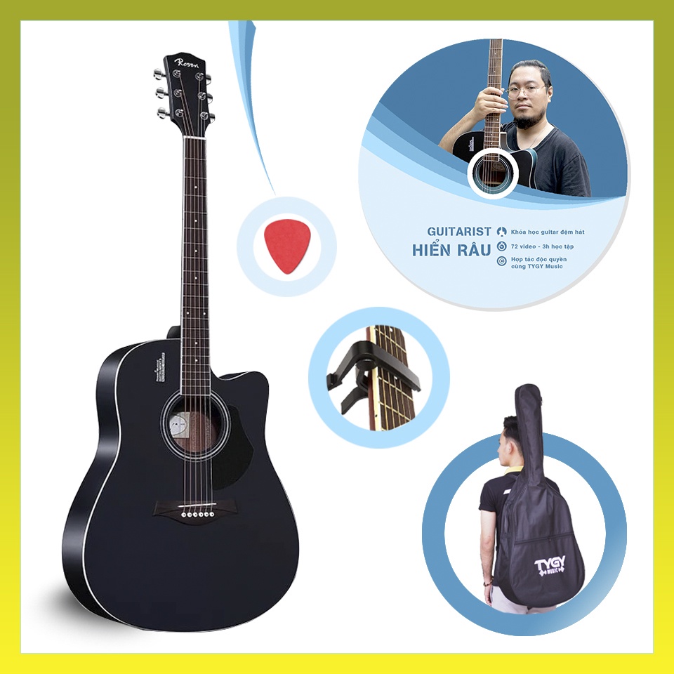 Đàn Guitar Acoustic Rosen Đen G11 (Gỗ Thịt)+Tặng kèm khóa học của Guitarist Hiển râu và đầy đủ phụ kiện