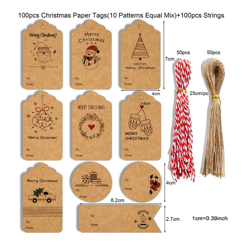 RAN 100x Merry Christmas Hang Labels Book Marker Kraft Paper Wishing Card Decoration