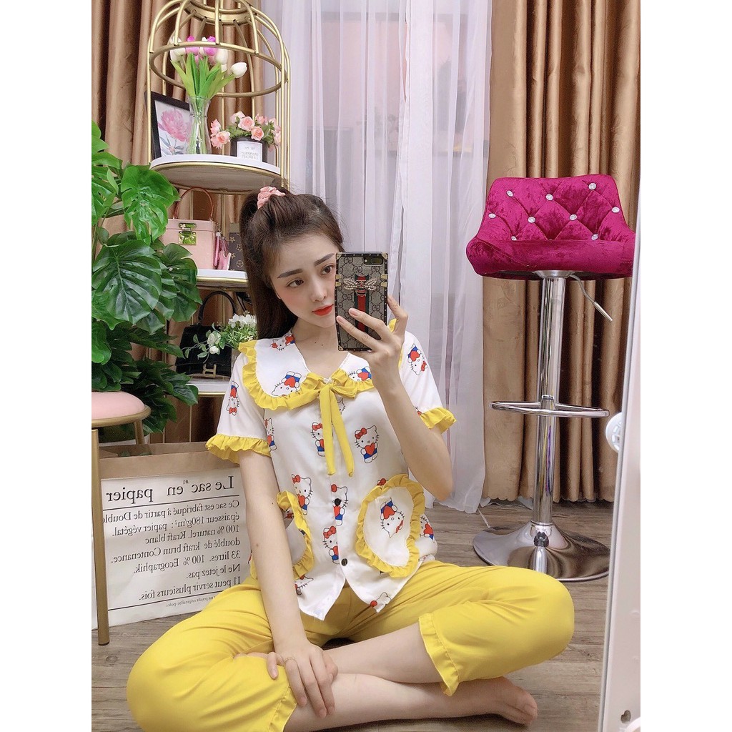 Đồ Ngủ Nữ, Đồ Bộ Mặc Nhà Nữ Hot Trend Sunri Shop - Pijama Kate Lụa Tiểu Thư Dễ Thương Tay Ngắn Quần Dài Vải Kate Lụa Mềm