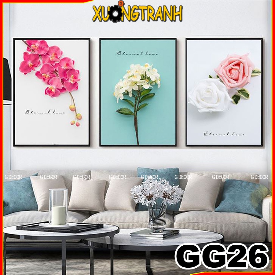 Tranh treo tường canvas 3 bức phong cách Bắc Âu 26, tranh hoa trang trí phòng khách, phòng ngủ, phòng ăn, spa, cửa hàng