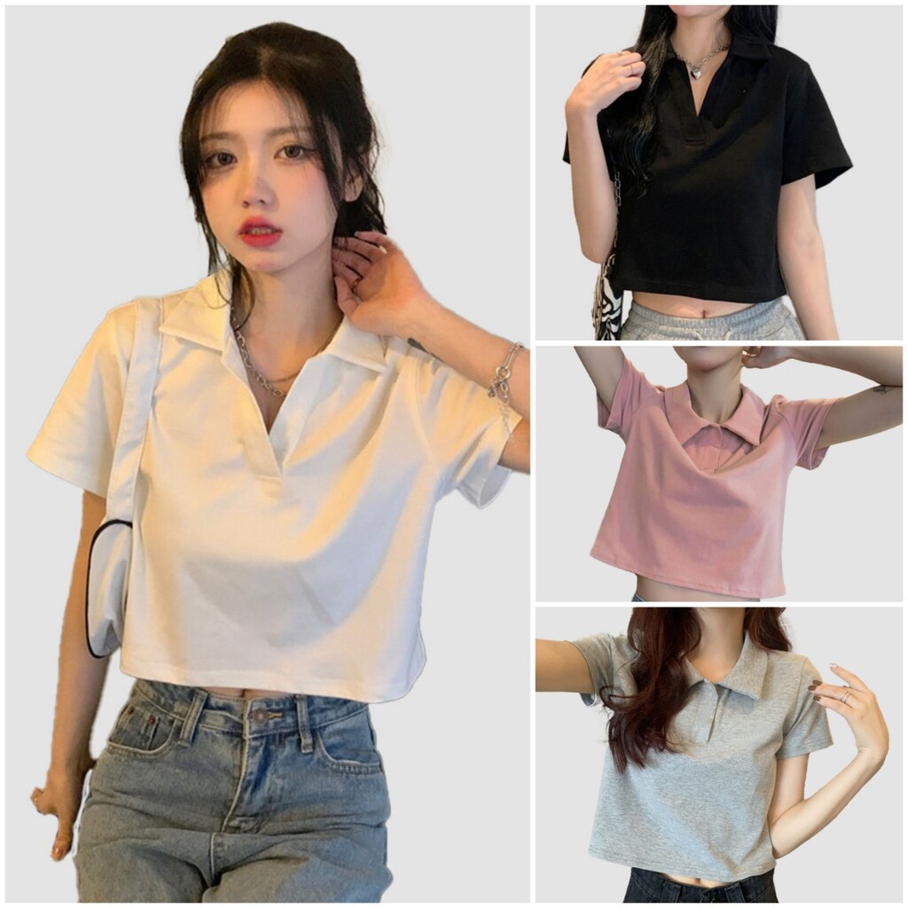 Áo croptop nữ tay ngắn có cổ kiểu polo crt sơ mi thun đẹp, Áo phông crop top nữ nhiều màu trắng đen ghi Geleva GE761