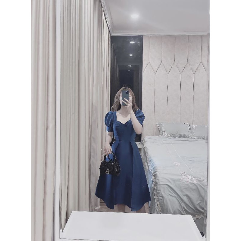 [Mã FAGREEN1505 giảm tới 30K đơn 99K] VÁY GẤM TACTA CAO CẤP CỔ VUÔNG TAY BỒNG BO (XANH BLUE/NE) | BigBuy360 - bigbuy360.vn