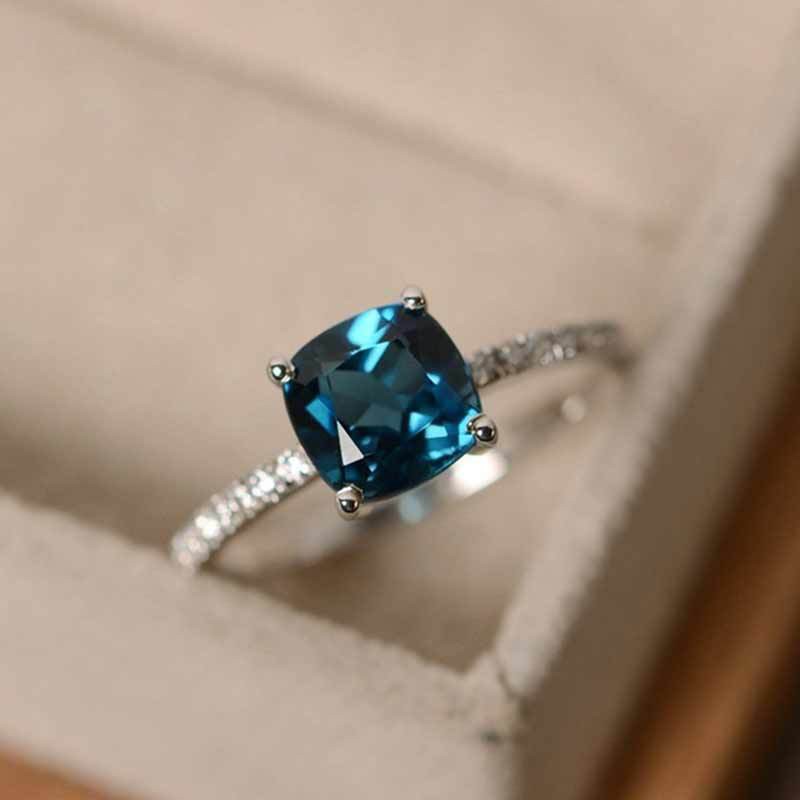 Micro-set zircon sapphire blue square diamond ring female European and American simple engagement ring