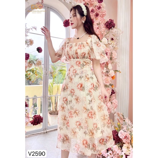 V2590 váy voan hoa màu be vàng