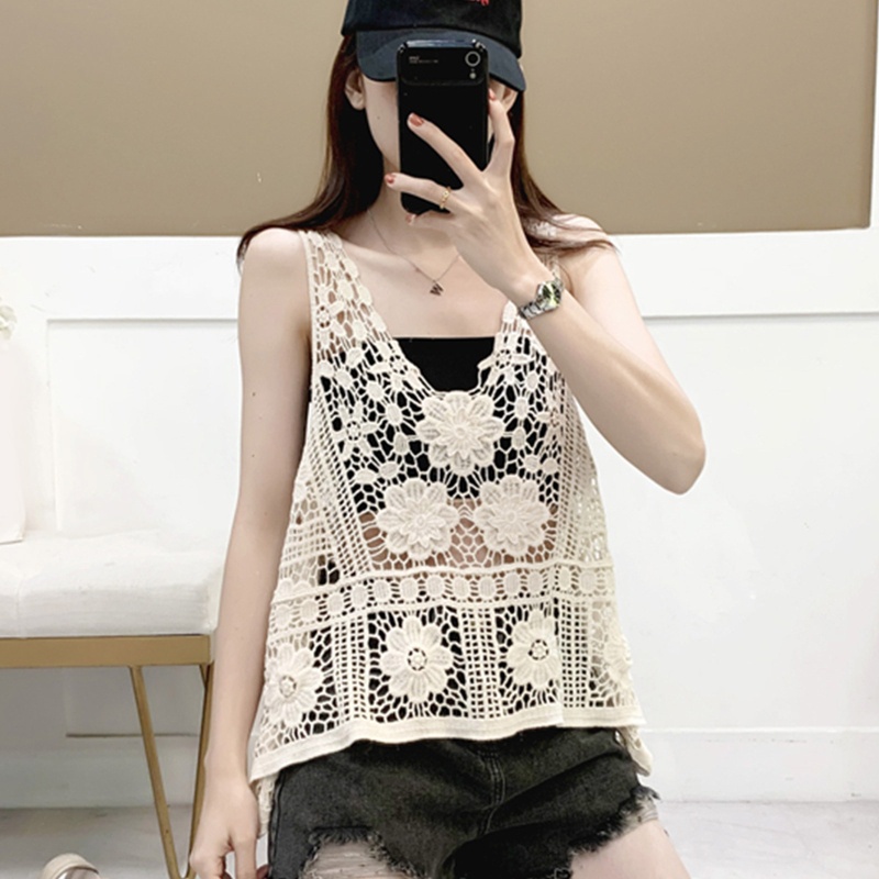Brroa Áo Tank Top Dệt Kim Dáng Rộng Màu Trơn Phối Viền Rỗng Nhẹ Nhàng Kiểu Boho Mùa Hè Cho Nữ C