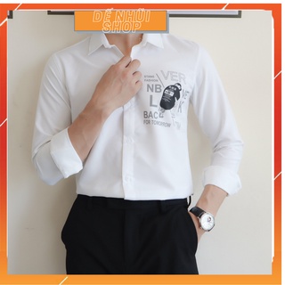 Áo sơ mi nam trắng in hàn quốc tay dài ,áo sơ mi công sở form slimfit vải kate lụa mềm mịn-Dế nhũi shop