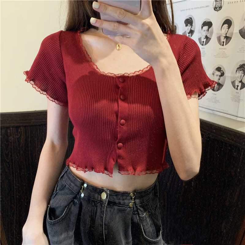 Áo Dệt Kim Ngắn Tay Cổ Vuông Phối Ren Thời Trang Mùa Hè Cho Nữ