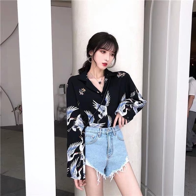 Áo sơ mi họa tiết chim cò