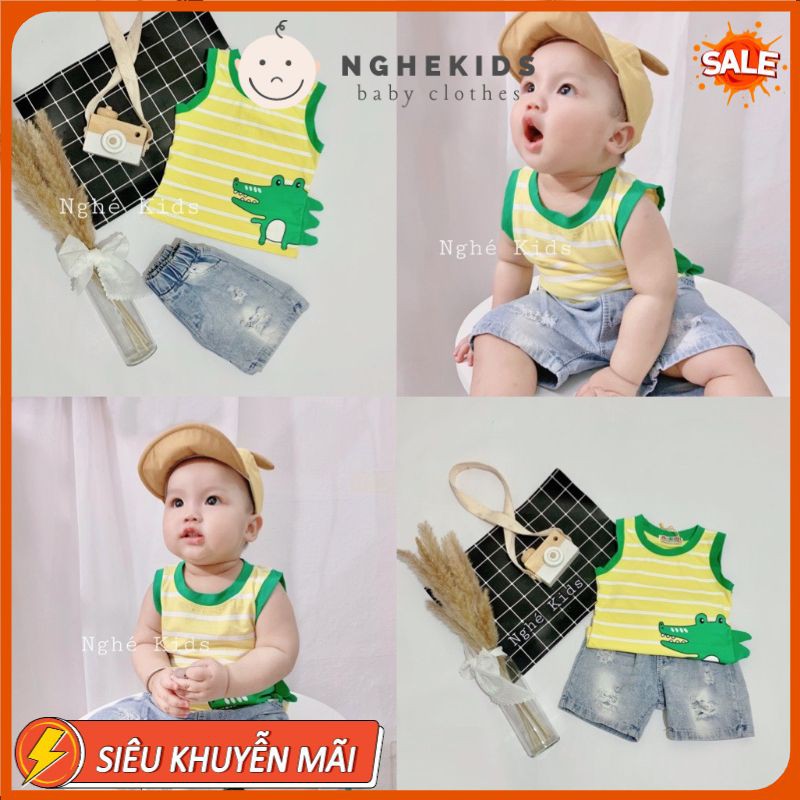 Bộ ba lỗ bé trai , Bộ quần áo cho bé Quần bò phối áo thun ba lỗ Bộ quảng châu cho bé