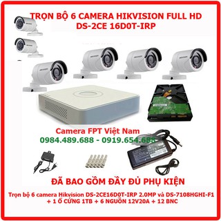 TRỌN BỘ 6 CAMERA NGOÀI TRỜI HIKVISION DS-2CE16D0T-IRP 2.0MP và DS-7108HGHI-F1 + 1 Ổ CỨNG 1TB + 6 NGUỒN 12V2A + 12 BNC