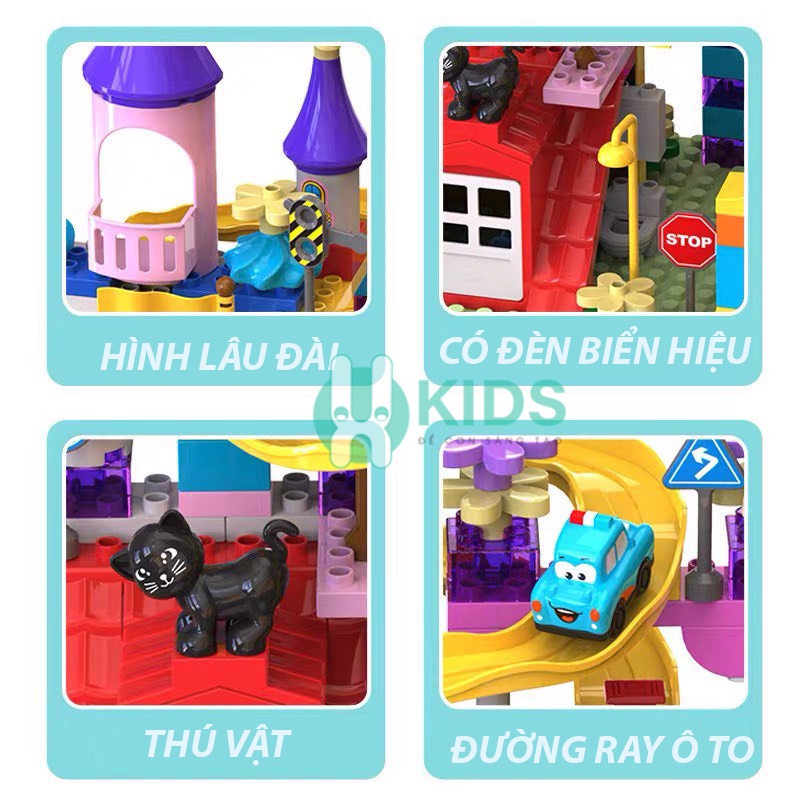Bộ Xếp Hình lắp ráp khối xây dựng 165 Chi Tiết mô phỏng lâu đài có đường ray trượt ô tô siêu cute