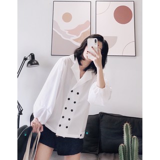  áo cổ vest 2 hàng nút đen tay bồng