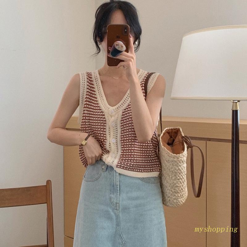 Áo Croptop Dệt Kim Sát Nách Cài Nút Phía Trước Cho Nữ