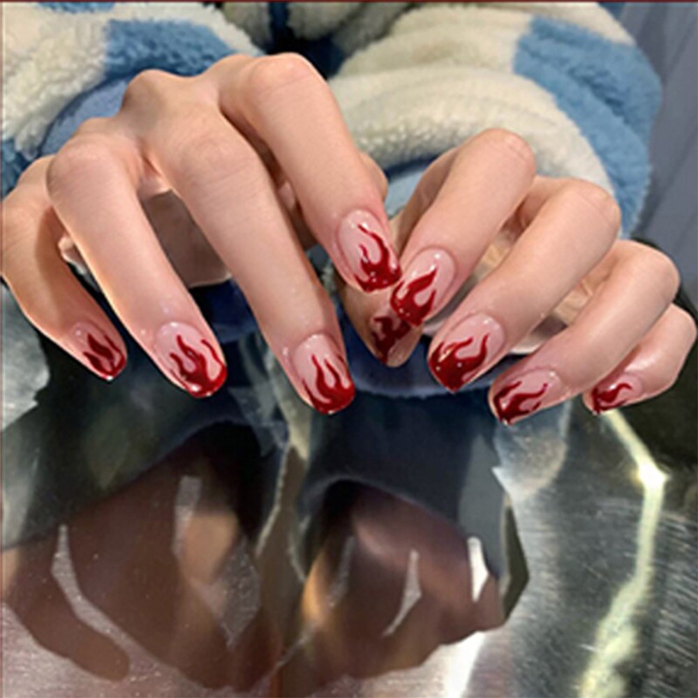 [Hàng mới về] Hộp 24 móng tay giả bằng acrylic họa tiết ngọn lửa phong cách cá tính