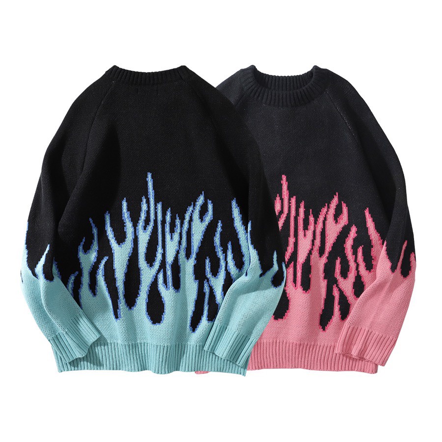 Áo sweater len nam nữ form rộng ngọn lửa xanh đen, áo sweater nam unisex màu đen thời trang ulzzang hàn quốc - Len02
