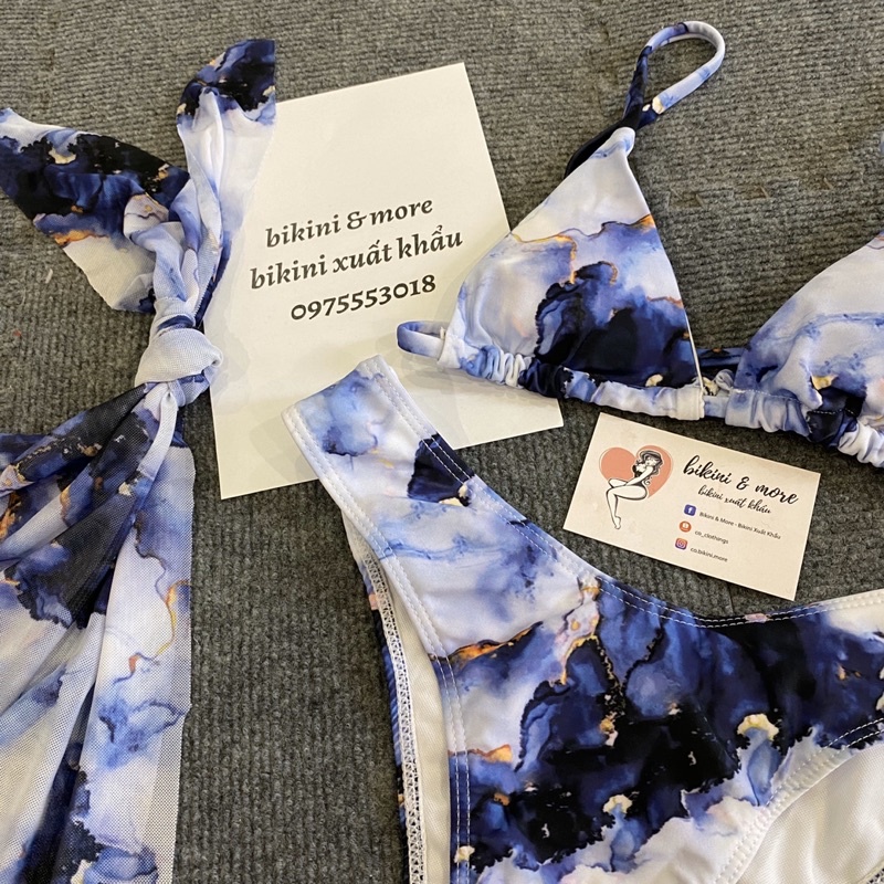 [BKN1454] &lt;ÂU&gt; SET BIKINI 3 MÓN LOANG XANH ĐEN KÈM KHĂN HÔNG