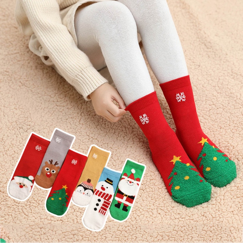 Set 6 Đôi Vớ Cotton Giữ Ấm Họa Tiết Giáng Sinh Dành Cho Trẻ Em